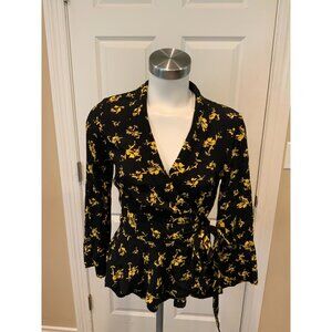 Ganni Black & Yellow Floral Crepe Wrap Top, Size XS (US) 34 (EU) NWT!